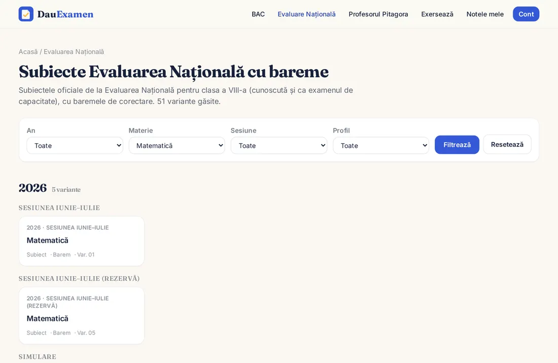 Lista subiectelor de Evaluare Națională, cu filtre după an, materie și sesiune