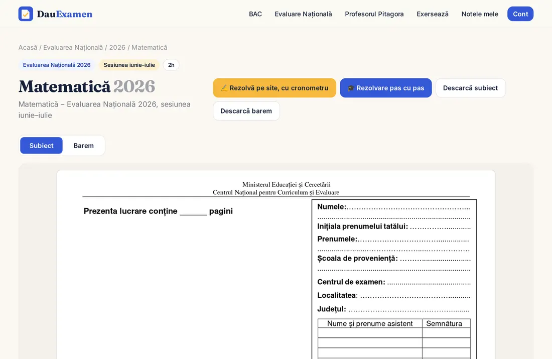 Pagina unui subiect cu butoanele Rezolvă pe site și Rezolvare pas cu pas