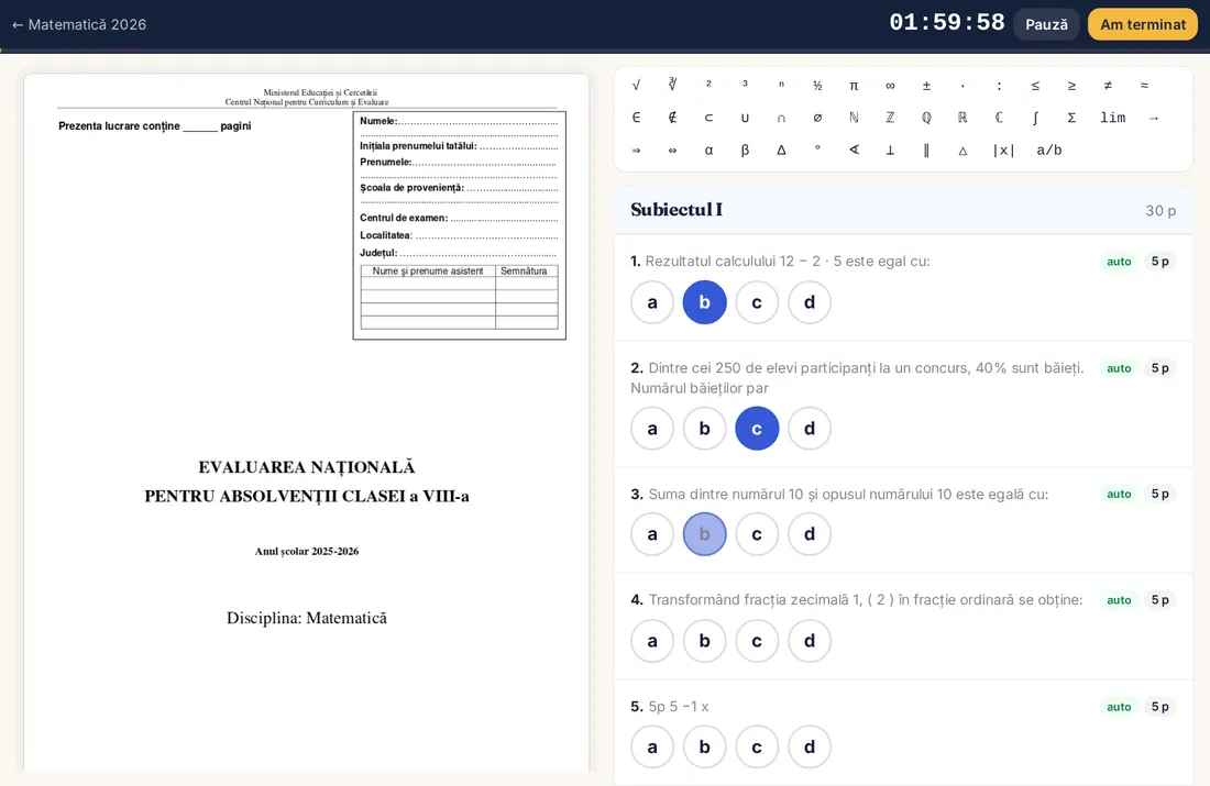 Modul examen: subiectul în stânga, foaia de răspuns în dreapta, cronometrul sus