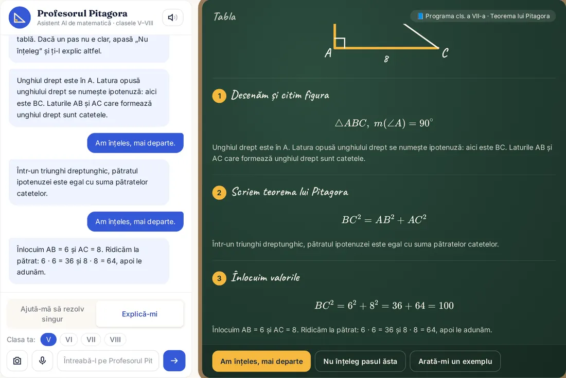 Profesorul Pitagora: conversația în stânga și tabla cu pașii rezolvării în dreapta