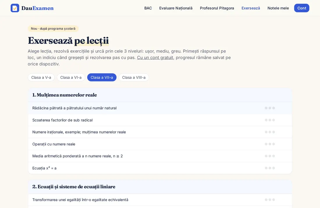 Lista lecțiilor de exersat, pe capitole, cu progresul pe fiecare lecție