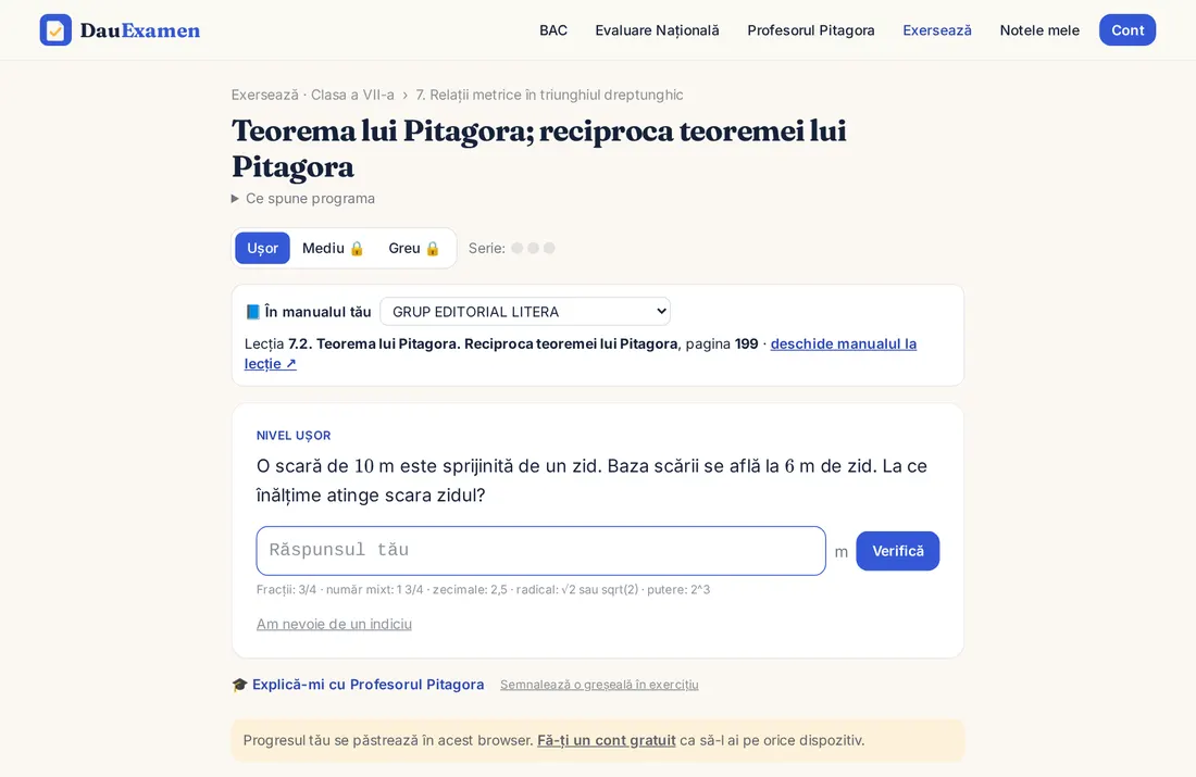 Un exercițiu la Teorema lui Pitagora, cu nivelul, seria și lecția din manual